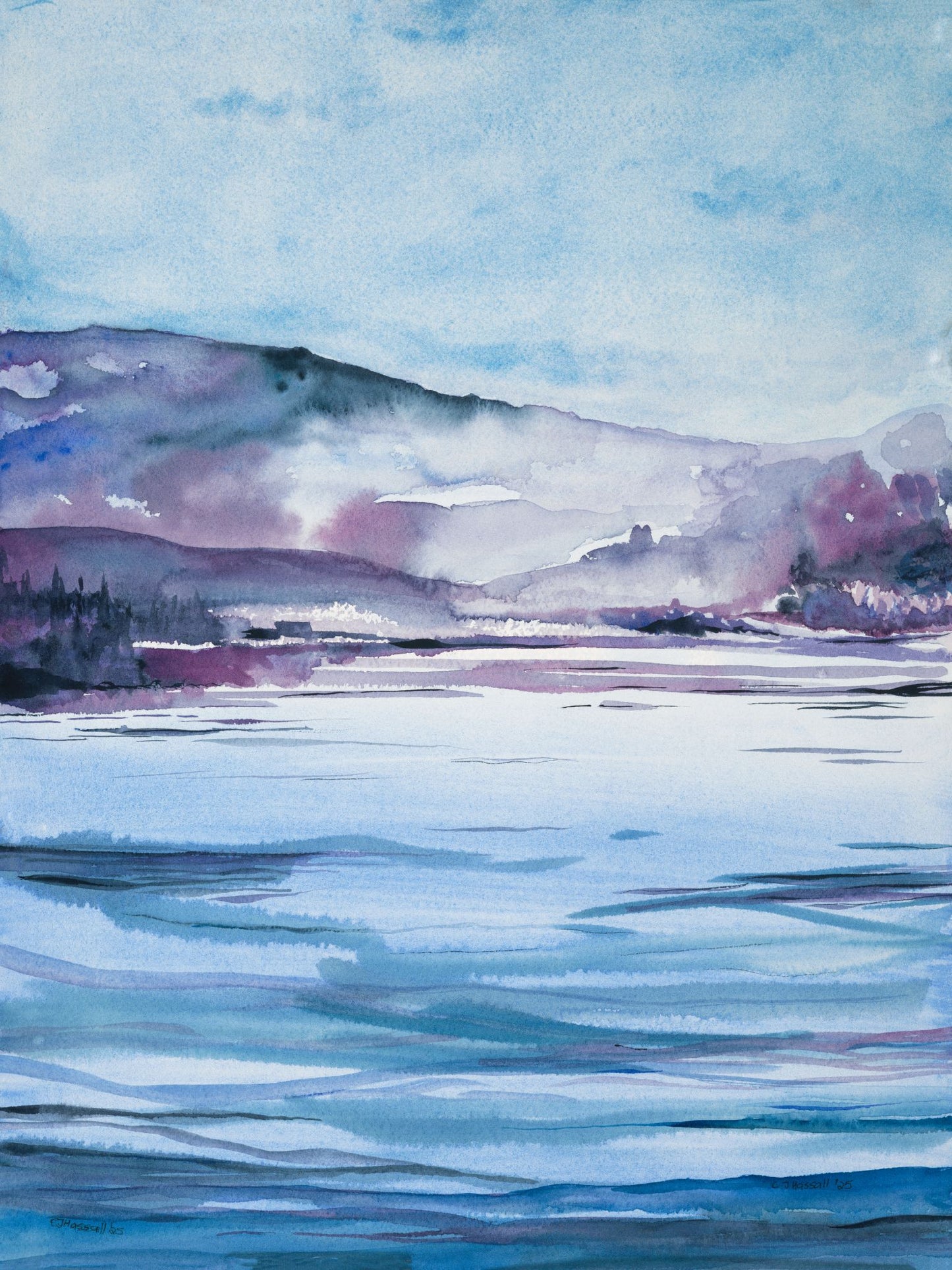 Across the Lake — watercolor painting of a serene early morning view across the water to a remote coastline by CJ Hassall
