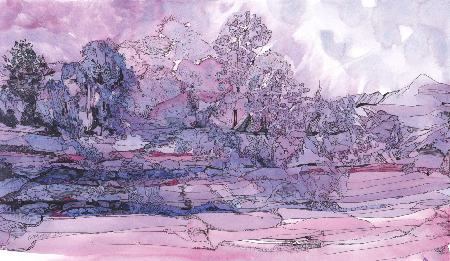 Blossom and Slate - a fantastical watercolor and ink landscape in cools pinks and blues by CJ Hassall
