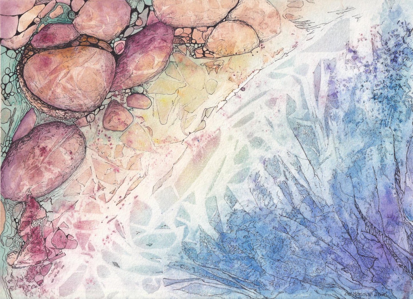 Heartrock Beach - original watercolor and ink aerial view of a tropical beach and tidepools by CJ Hassall