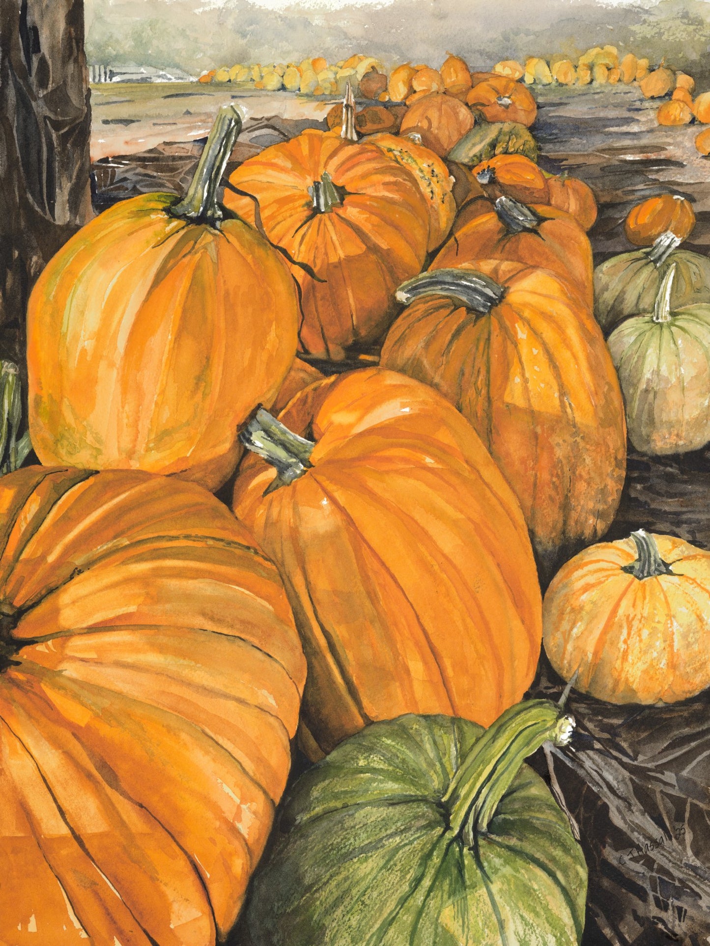 I Guess It's October — watercolor painting of a sun-drenched pumpkin patch on Washington's Olympic Peninsula by CJ Hassall