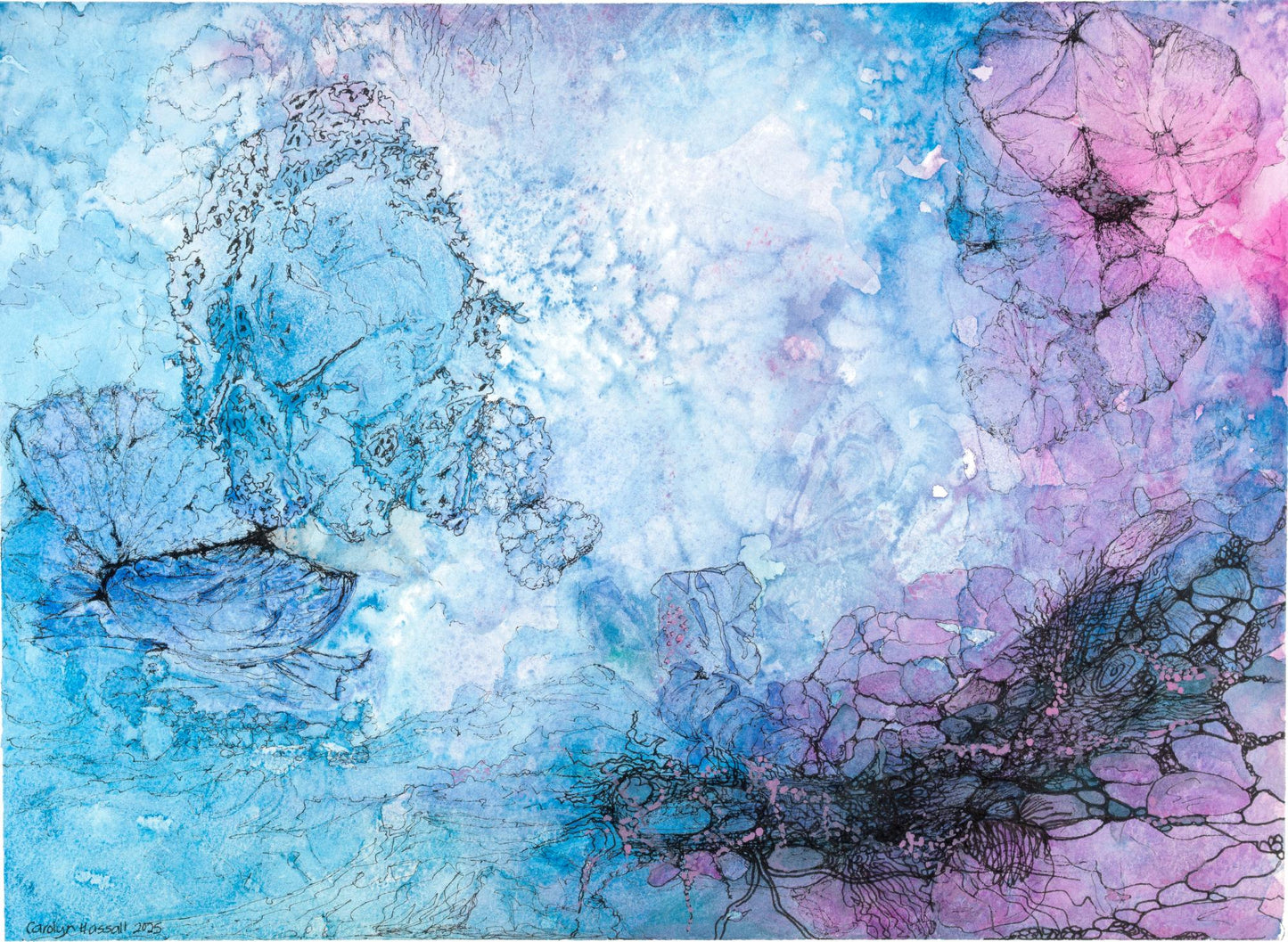 Looking Up, Looking Down — watercolor and ink painting evoking microscopic forms, ocean depths, and cosmic patterns in blues and pinks by CJ Hassall
