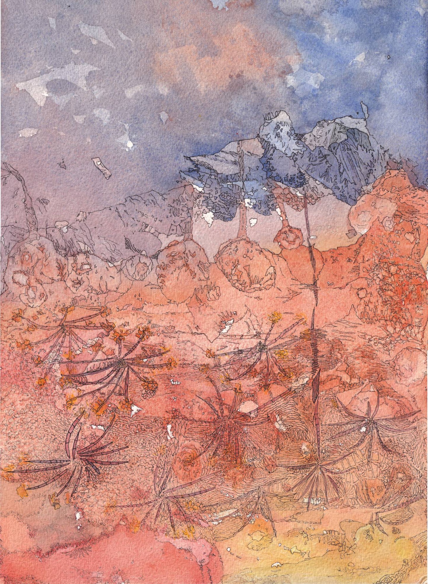 Mars Rover - original watercolor and ink view of an alien landscape and atmosphere by CJ Hassall