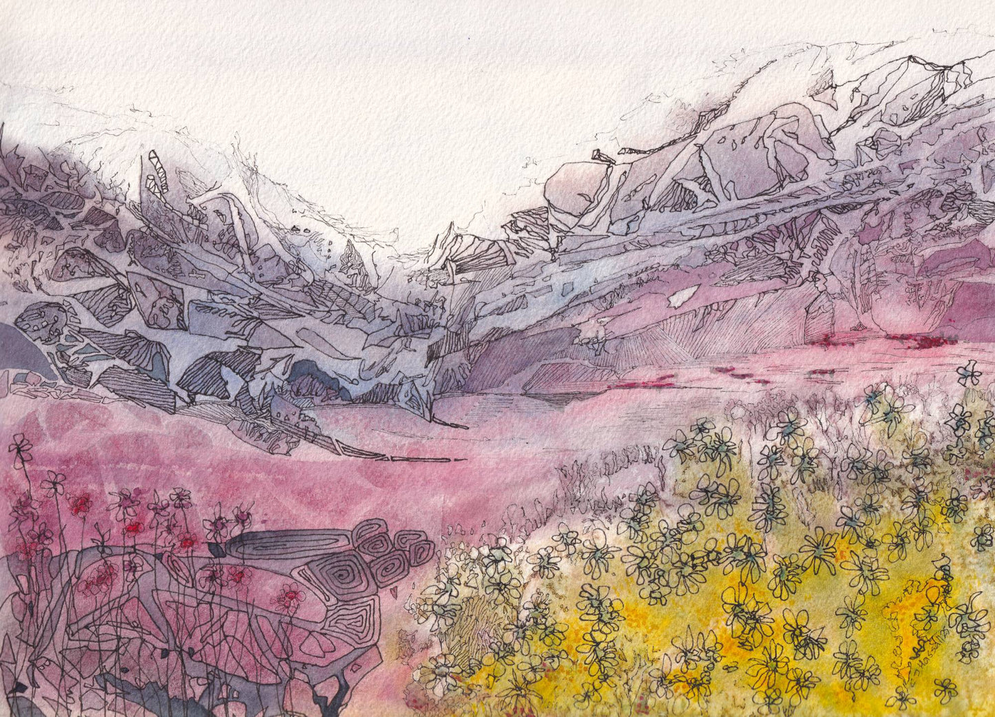 Mountain Wildflowers - original watercolor and ink depiction of summer wildflowers against a snowy mountain by CJ Hassall