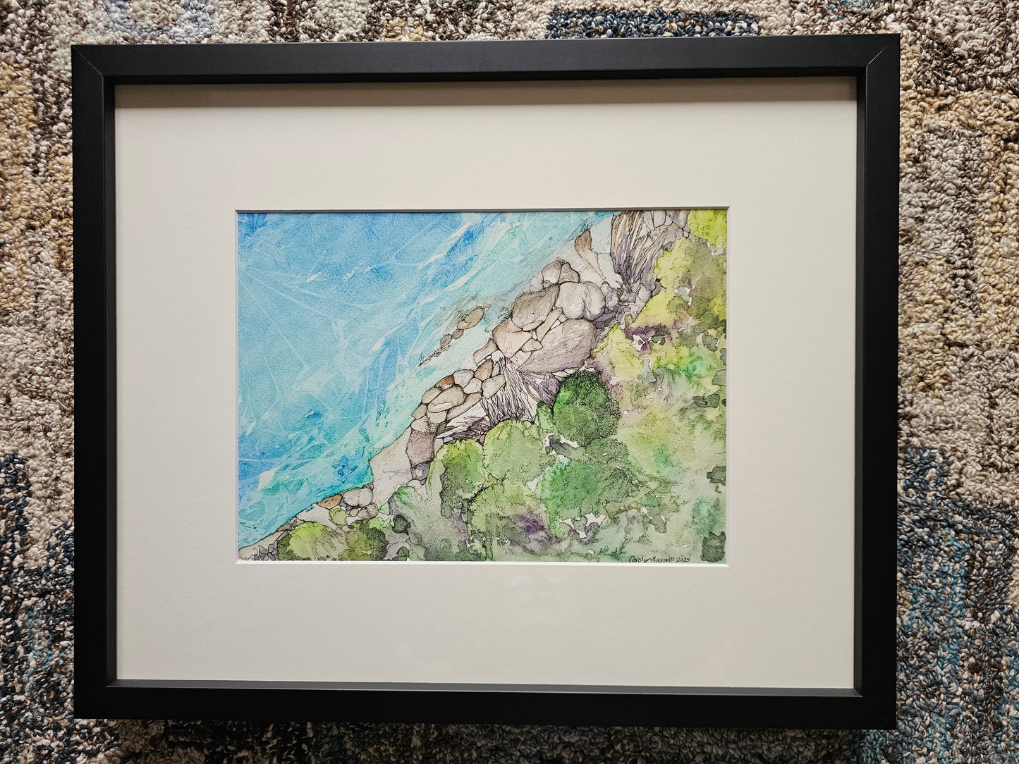 Over the Shore — watercolor and ink painting depicting a bird's eye view of a cool, crystal clear sea and shoreline by CJ Hassall