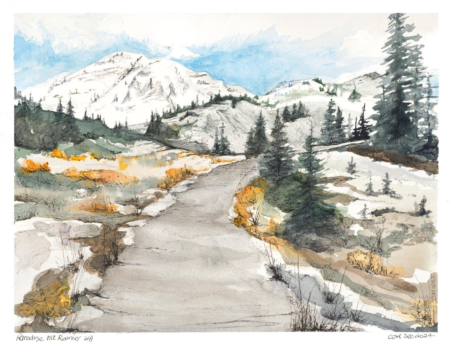 Original watercolor and ink painting of the view of Mount Rainier from Paradise by CJ Hassall
