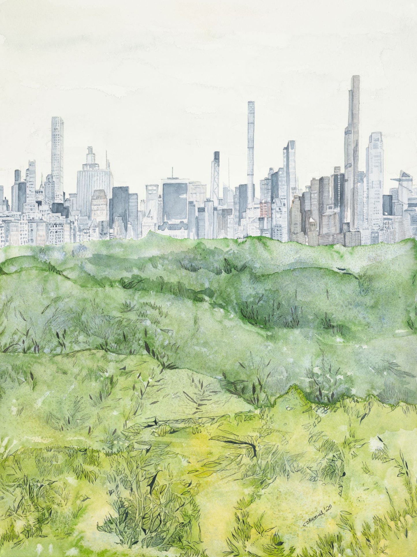 Top of the Met — watercolor painting of the Manhattan skyline and Central Park viewed from the Metropolitan Museum rooftop by CJ Hassall