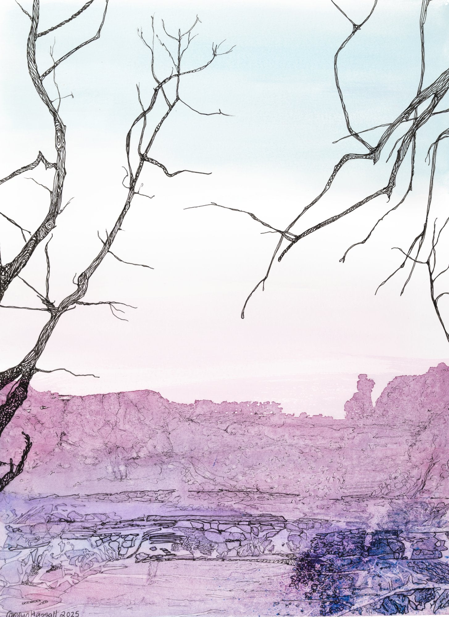 Across the Canyon - original watercolor and ink painting a view across a dry canyon by CJ Hassall