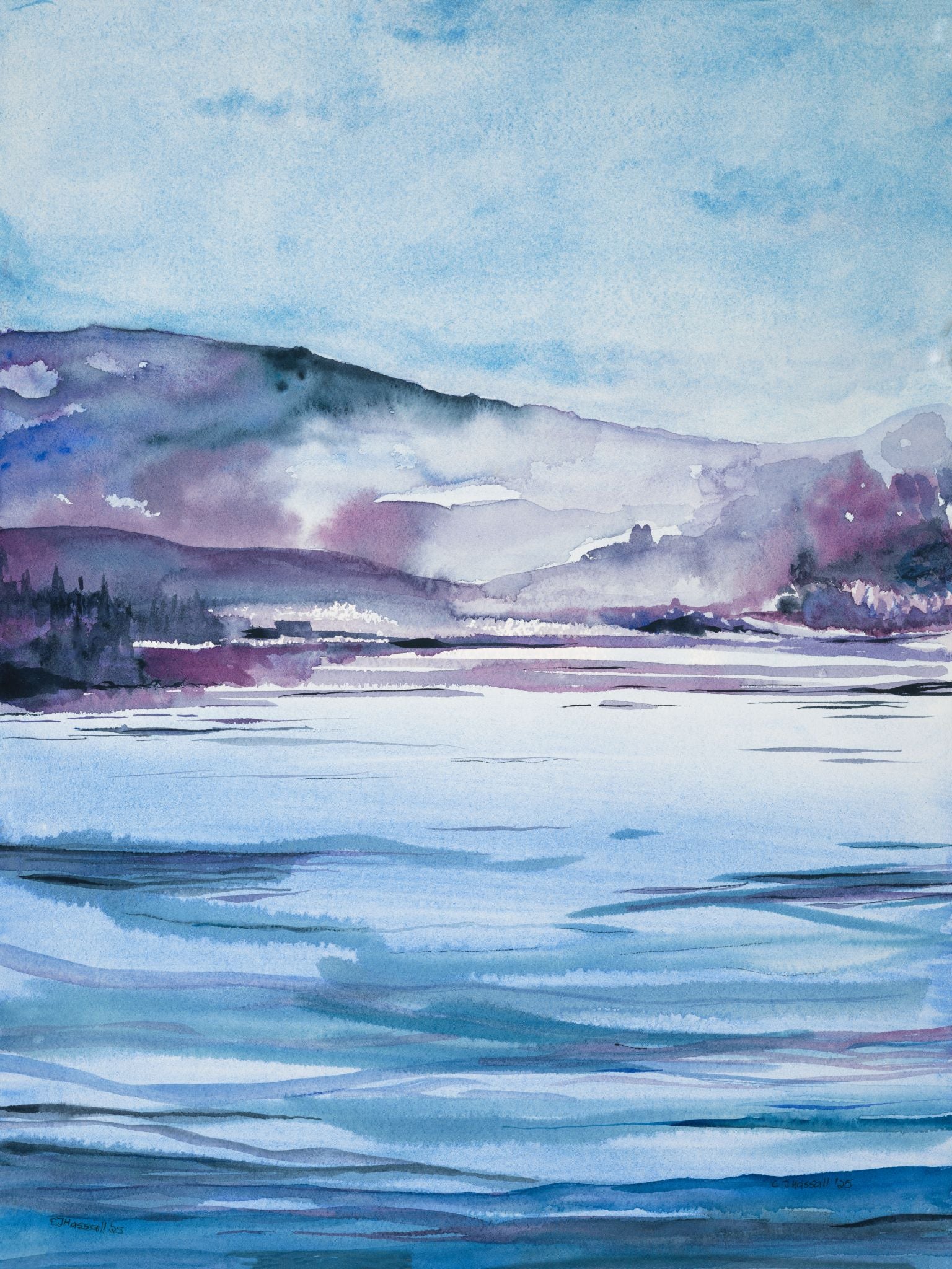 Across the Lake — watercolor painting of a serene early morning view across the water to a remote coastline by CJ Hassall