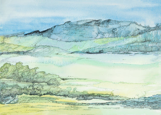 Original watercolor and ink painting of Anglesey mountains with yellow gorse and sea mist, by CJ Hassall