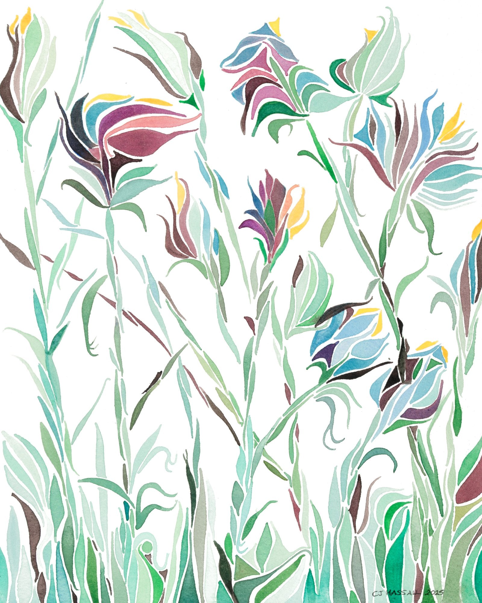 Arts & Crafts Cornflowers - original artwork by CJ Hassall depicting stylized colorful cornflowers