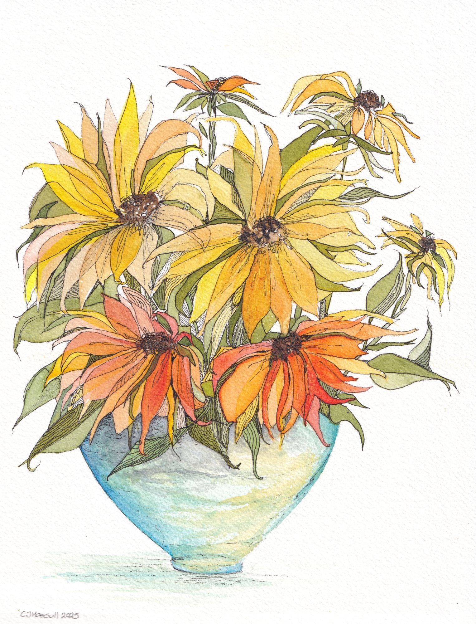 Arts and Crafts Sunflowers - original watercolor and ink painting of a vibrant bunch of yellow flowers in a blue vase by CJ Hassall