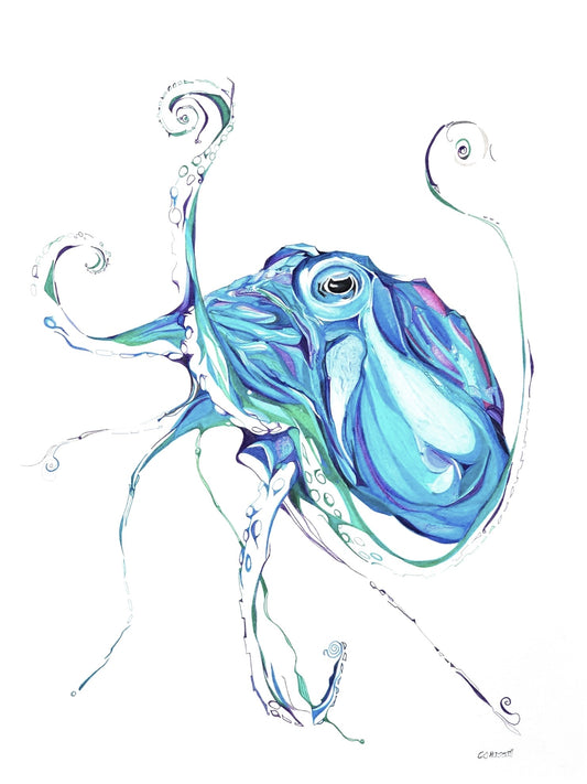 Original pencil drawing of a vibrant blue and aqua octopus by CJ Hassall