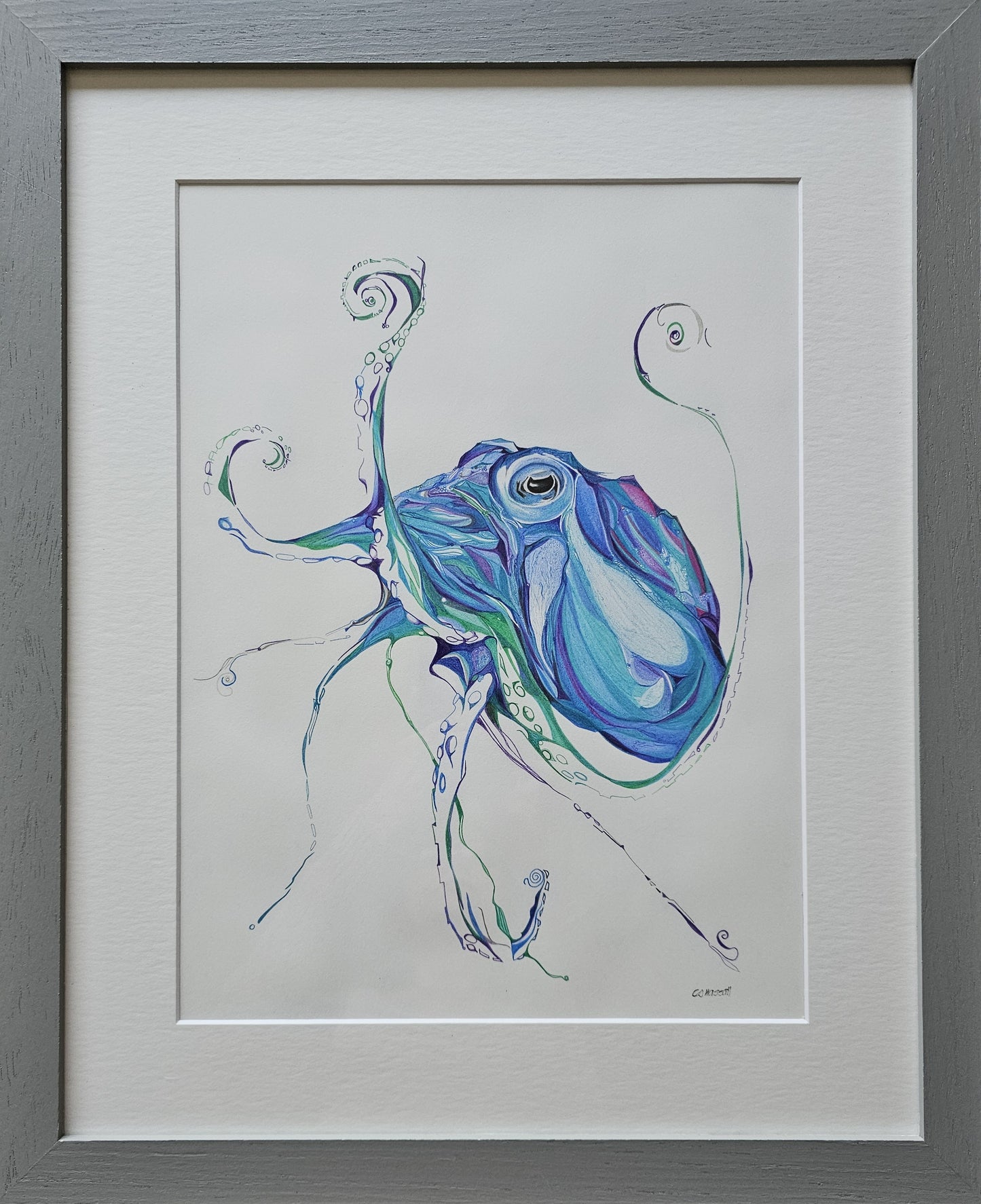 Original framed pencil drawing of a vibrant blue and aqua octopus by CJ Hassall