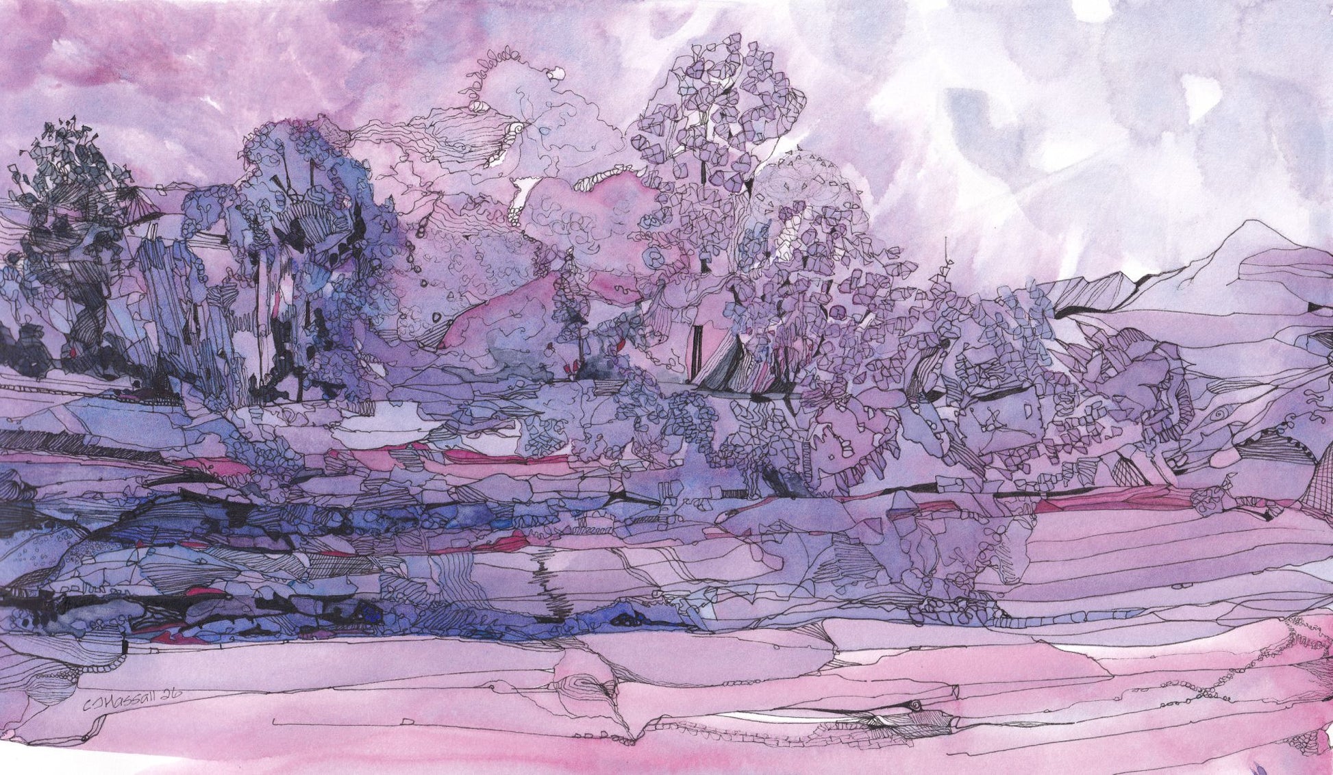 Blossom and Slate - a fantastical watercolor and ink landscape in cools pinks and blues by CJ Hassall
