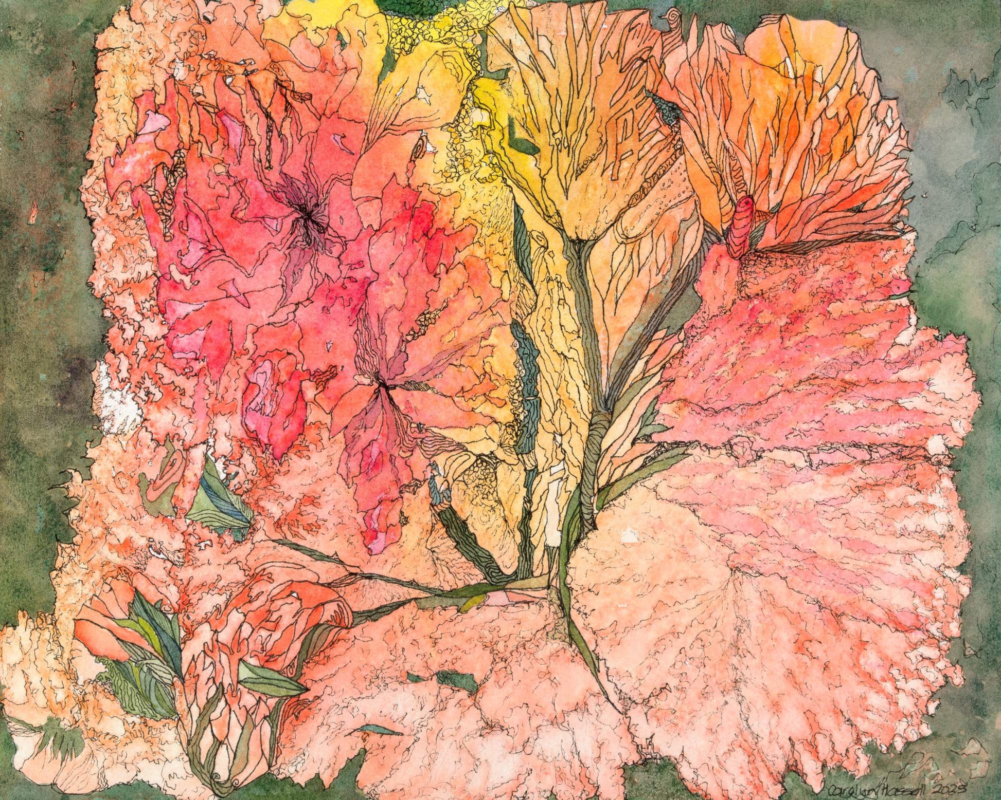 Original watercolor and ink abstract painting showing peach yellow and pink blooms by CJ Hassall