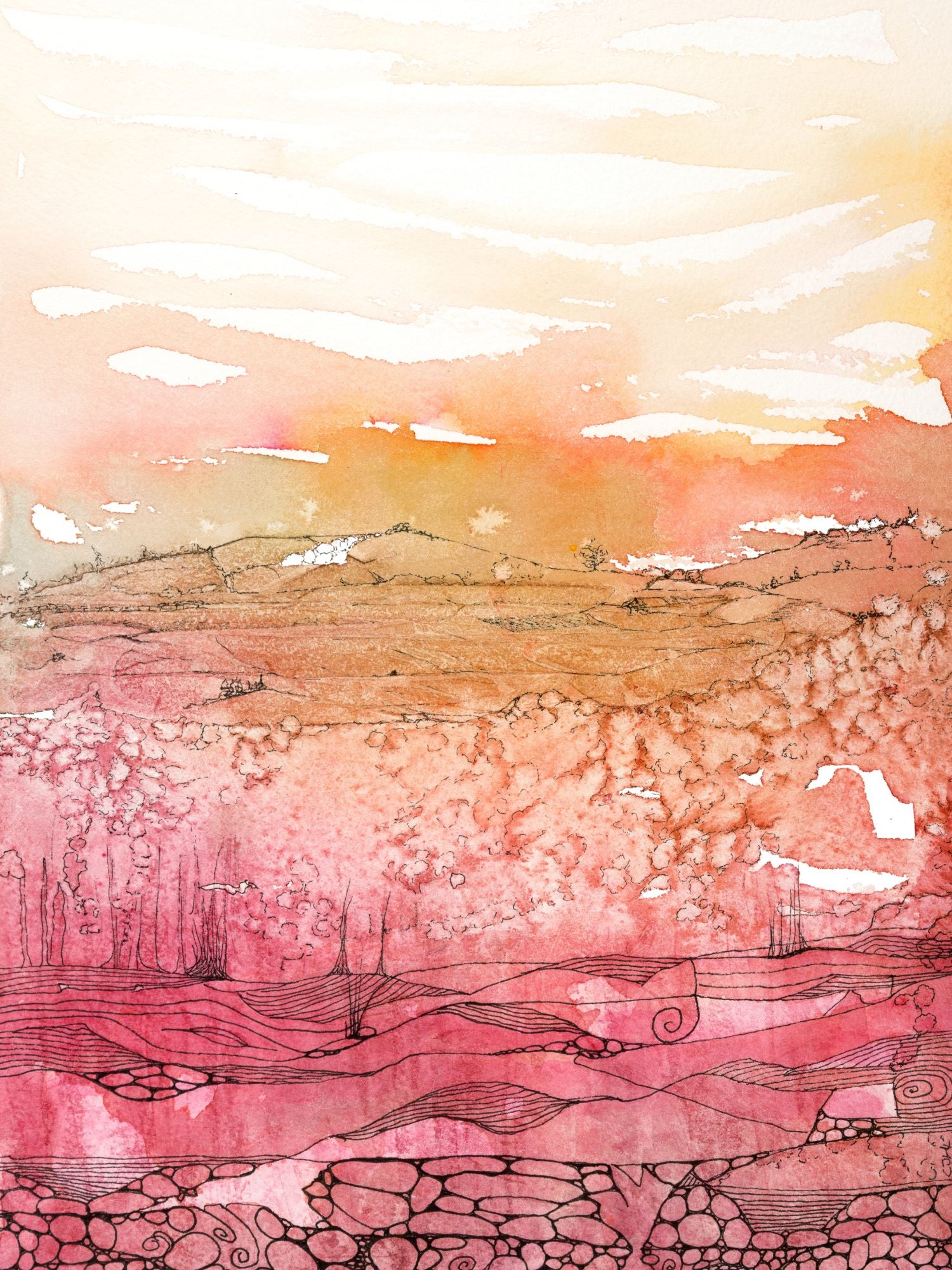 Golden Plains - original watercolor and ink interpretive painting of a golden and pink hillside by CJ Hassall