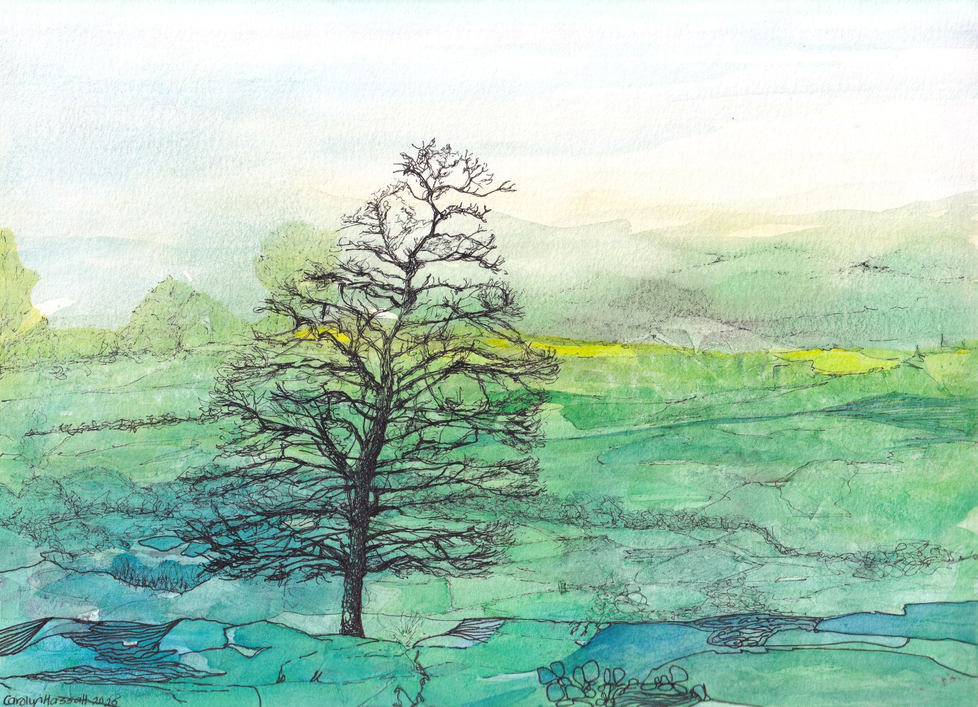 Green and Pleasant - an original watercolor and ink painting of a lone bare tree in front of a vibrant jewel toned landscape by CJ Hassall
