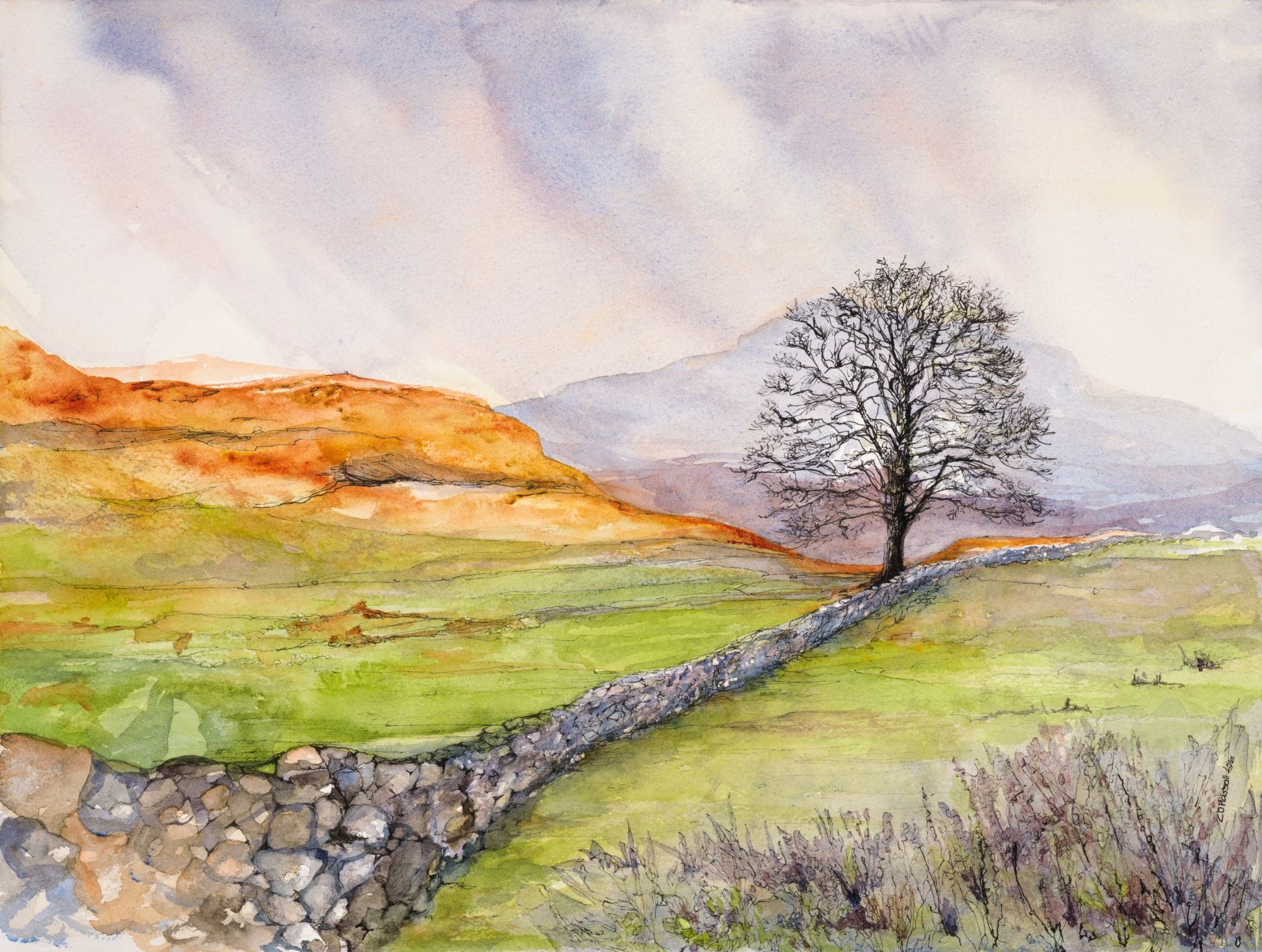 Hadrian's Sycamore — watercolor and ink painting of the moody Northumberland landscape around Crag Lough by CJ Hassall
