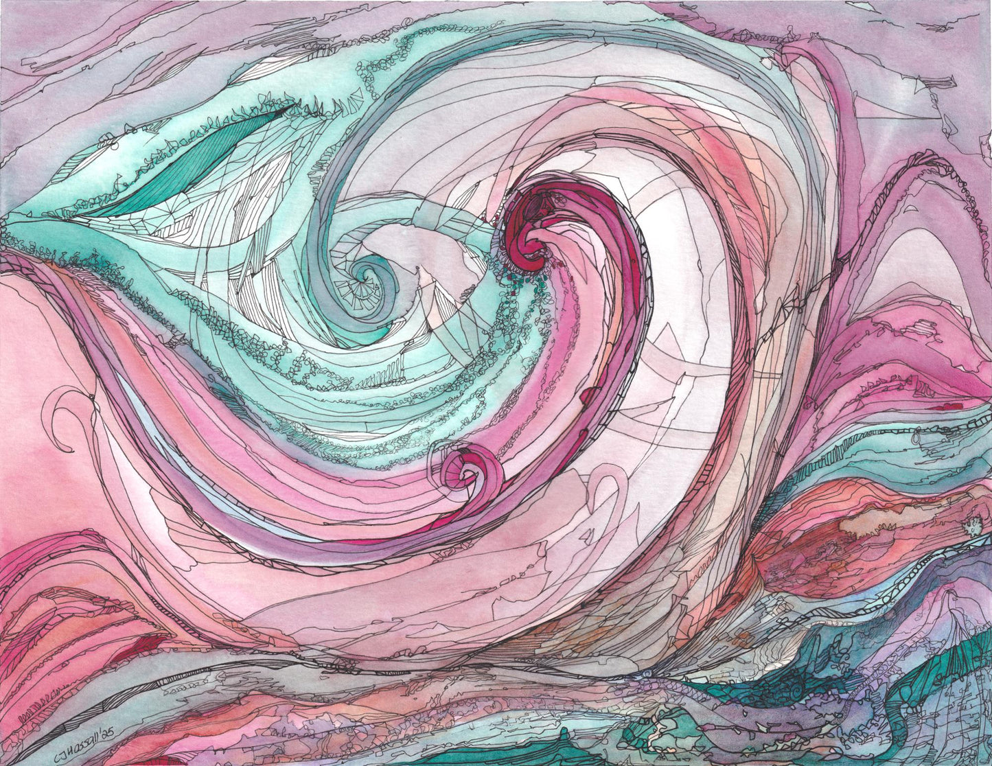 Heart of the Wave - abstract rolling composition of pinks and teals in watercolor and ink by CJ Hassall