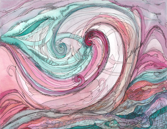 Heart of the Wave - abstract rolling composition of pinks and teals in watercolor and ink by CJ Hassall