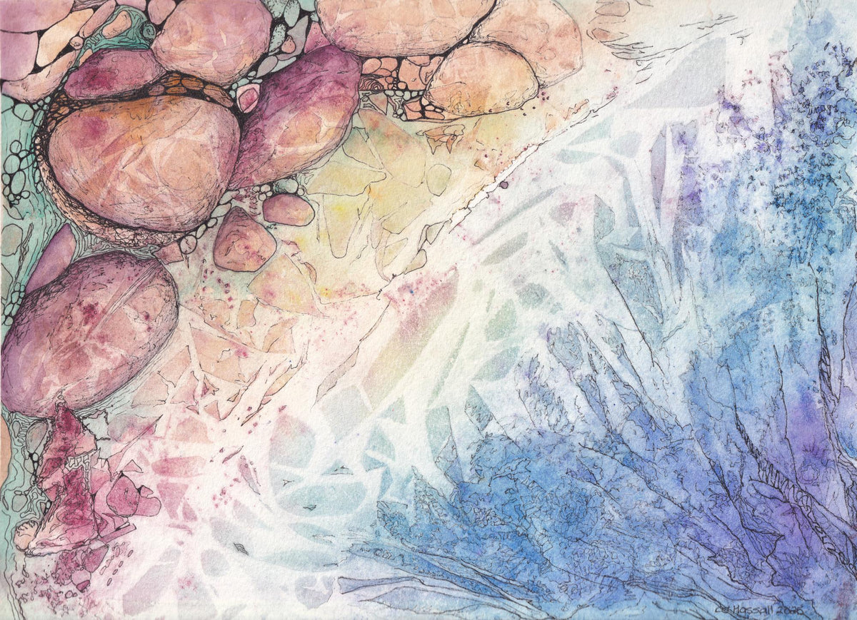 Heartrock Beach - original watercolor and ink aerial view of a tropical beach and tidepools by CJ Hassall