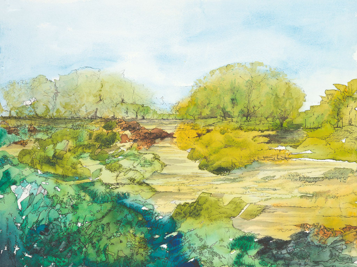Here, or Where? — watercolor and ink painting of an Olympic Peninsula landscape blurring fantasy and reality by CJ Hassall
