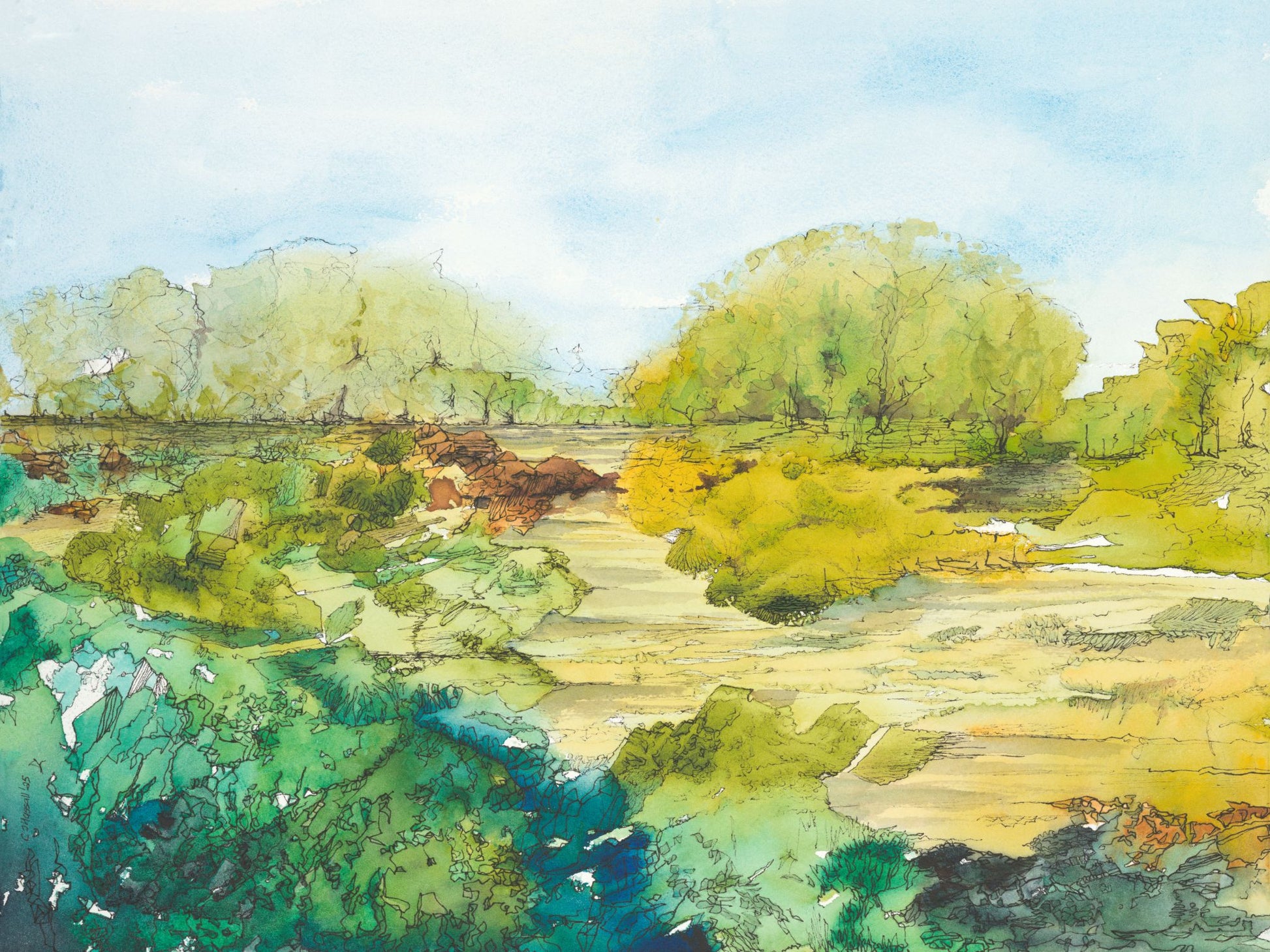 Here, or Where? — watercolor and ink painting of an Olympic Peninsula landscape blurring fantasy and reality by CJ Hassall