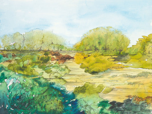 Here, or Where? — watercolor and ink painting of an Olympic Peninsula landscape blurring fantasy and reality by CJ Hassall