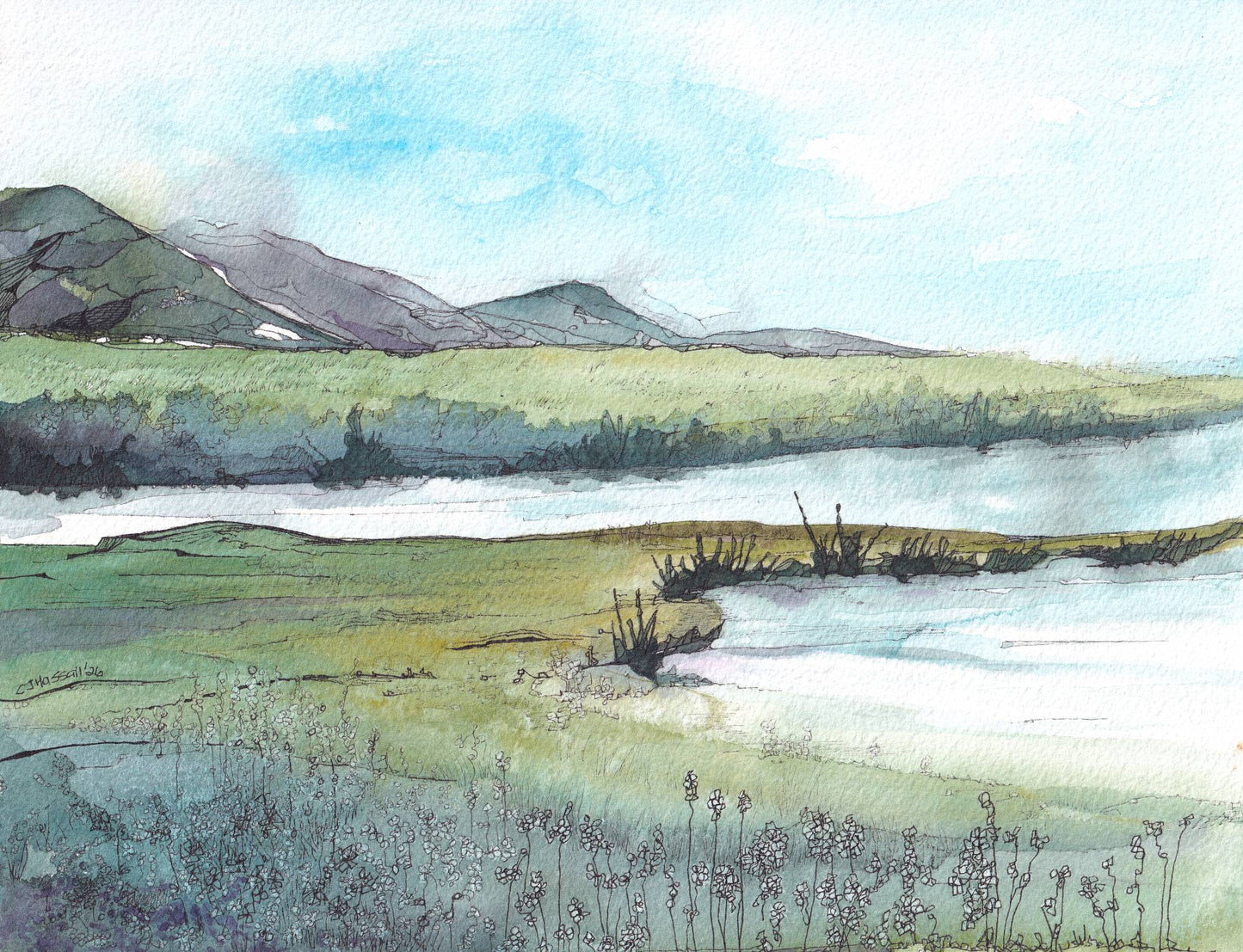 Lavender Salt Marshes - an original watercolor and ink painting of a spring coastline by CJ Hassall