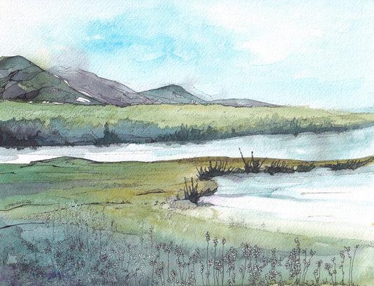 Lavender Salt Marshes - an original watercolor and ink painting of a spring coastline by CJ Hassall