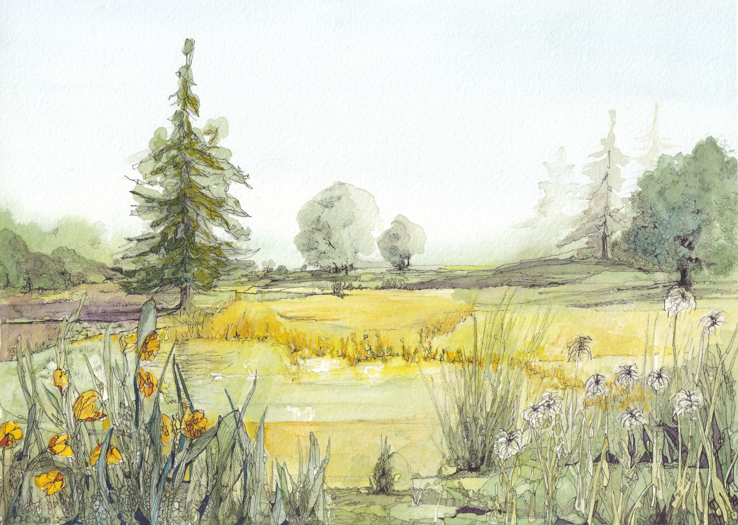 Original watercolor and ink landscape in cool lemon and purple tones by CJ Hassall