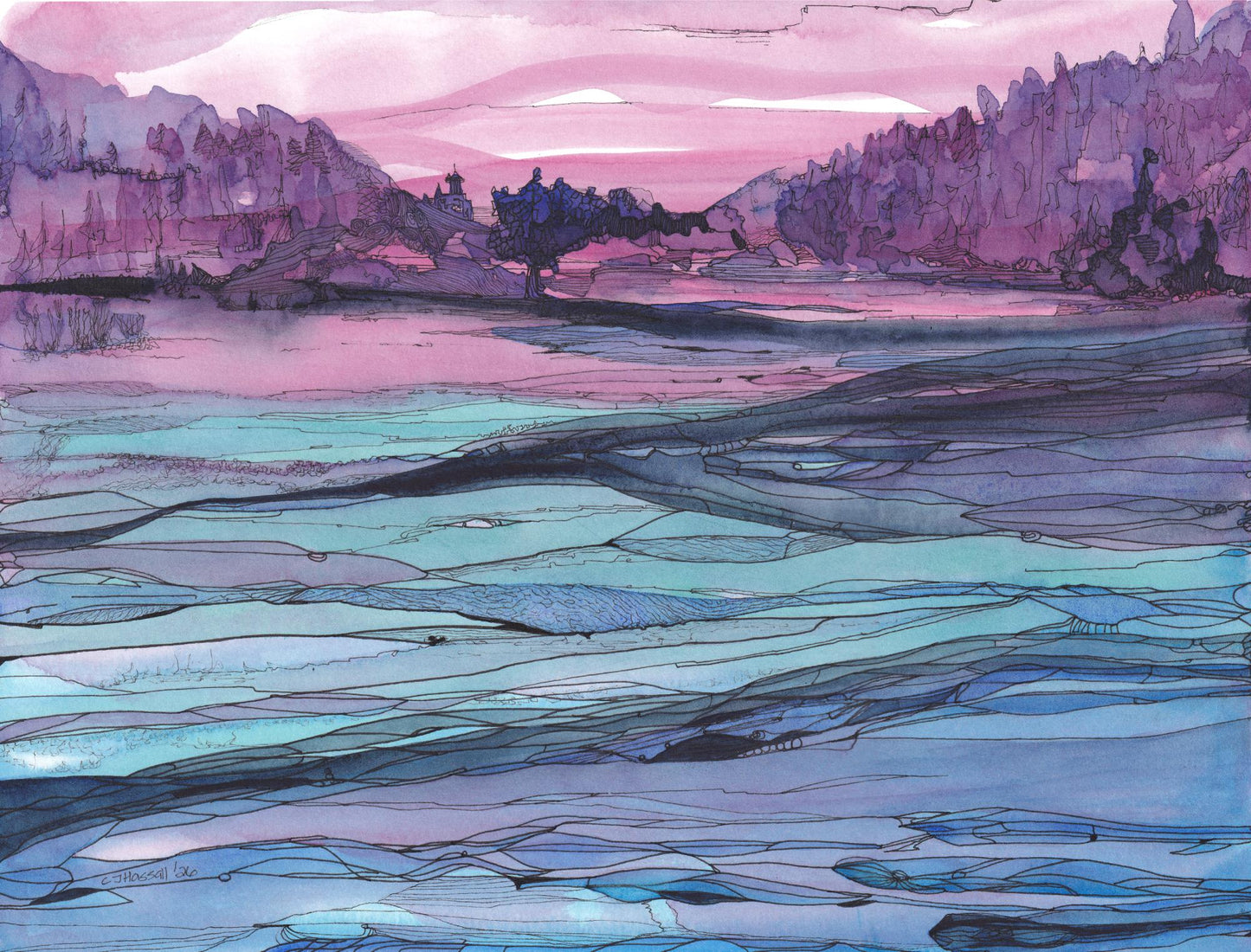 Lilac Haze - a vibrant blue teal and pink view across water to a wooded horizon in watercolor and ink by CJ Hassall