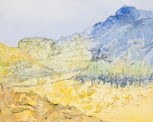 Limoncello Grove — watercolor and ink painting of cool rolling Amalfi Coast hills and lemon groves by CJ Hassall
