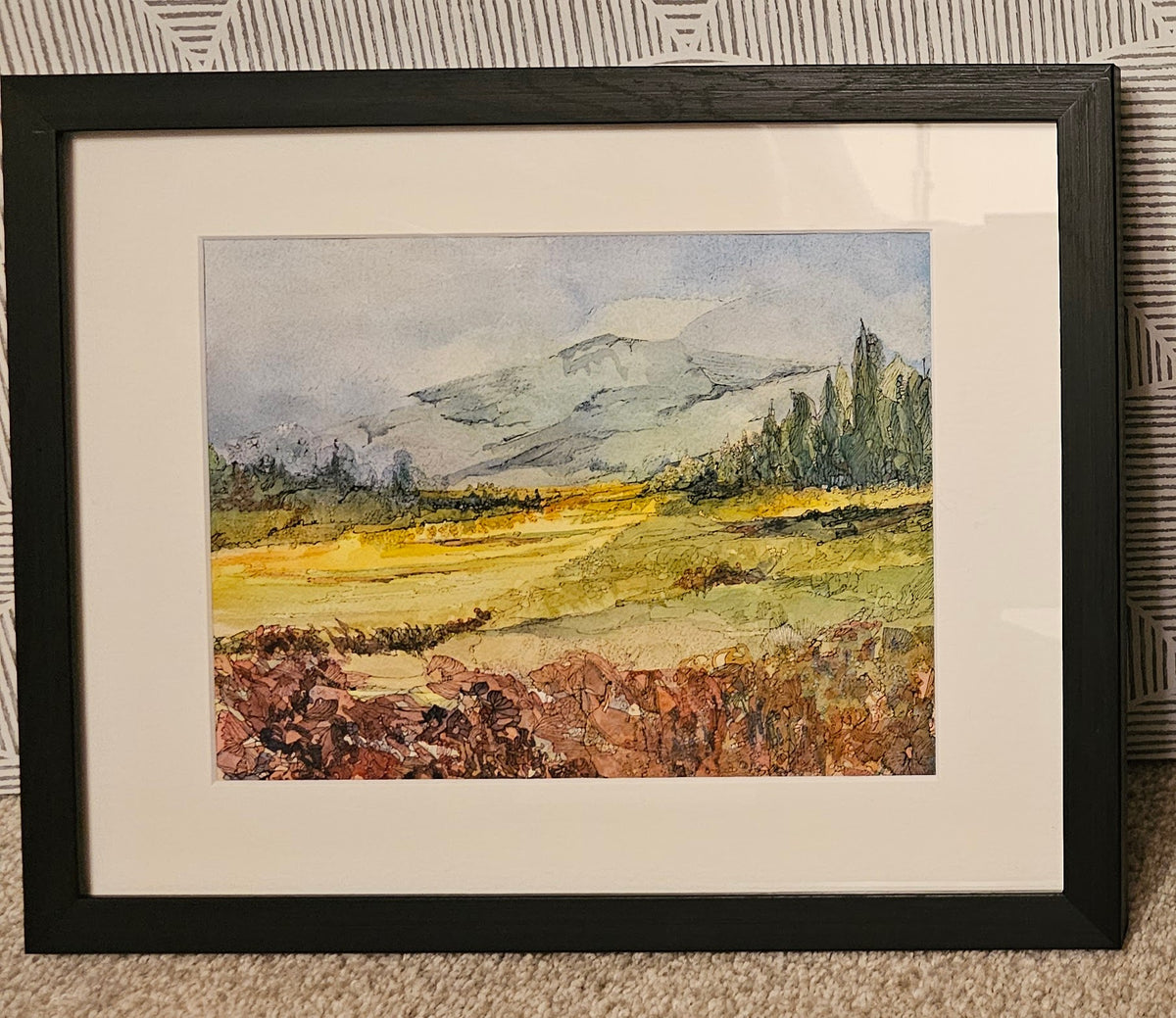 Macchia and Apuan — framed watercolor and ink painting of the Apuan Alps landscape with Mediterranean macchia scrubland by CJ Hassall