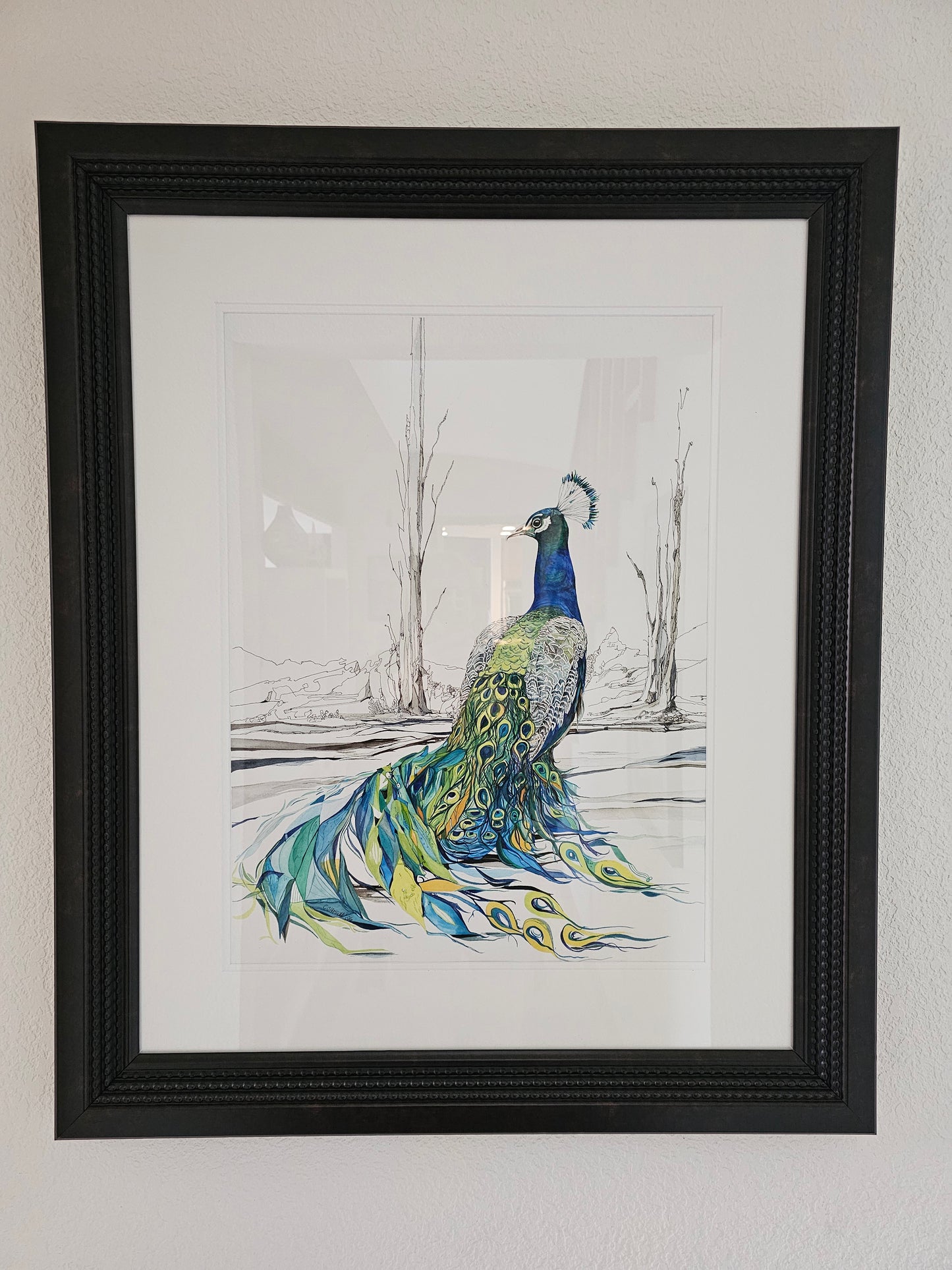 Majestic — framed watercolor and ink painting of a majestic, stately peacock surveying his kingdom, with fantasy tail feathers by CJ Hassall