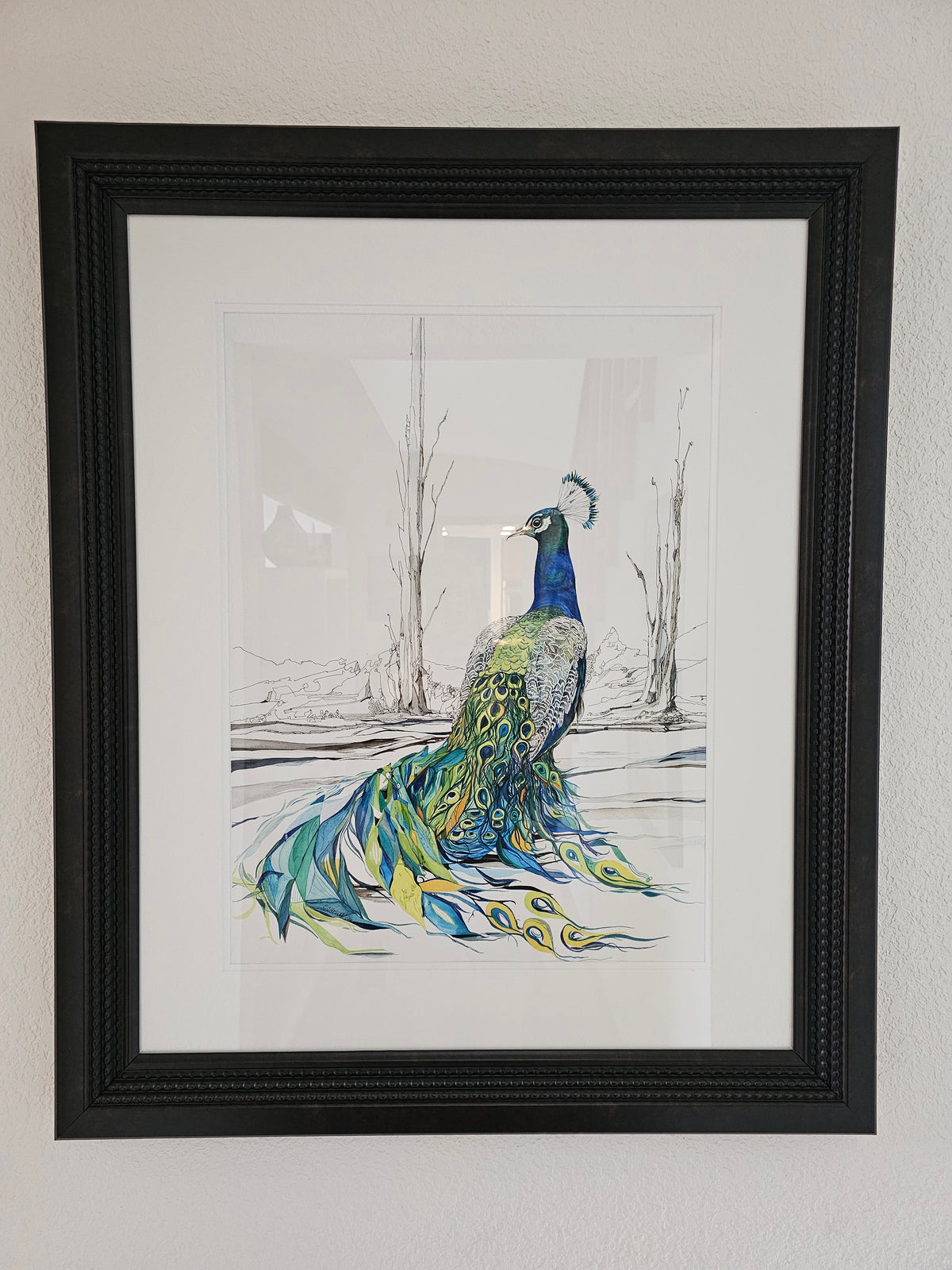 Majestic — framed watercolor and ink painting of a majestic, stately peacock surveying his kingdom, with fantasy tail feathers by CJ Hassall
