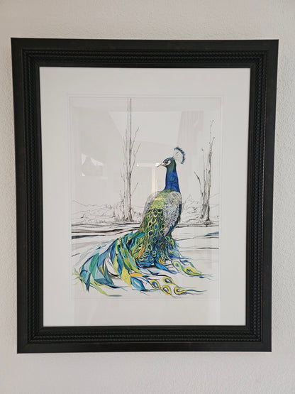 Majestic — framed watercolor and ink painting of a majestic, stately peacock surveying his kingdom, with fantasy tail feathers by CJ Hassall