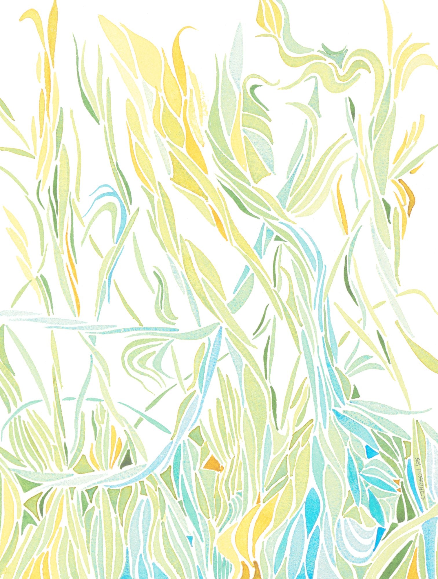 Maui Roadside- original artwork by CJ Hassall depicting stylized colorful tropical foliage