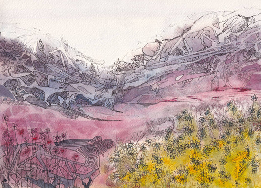 Mountain Wildflowers - original watercolor and ink depiction of summer wildflowers against a snowy mountain by CJ Hassall