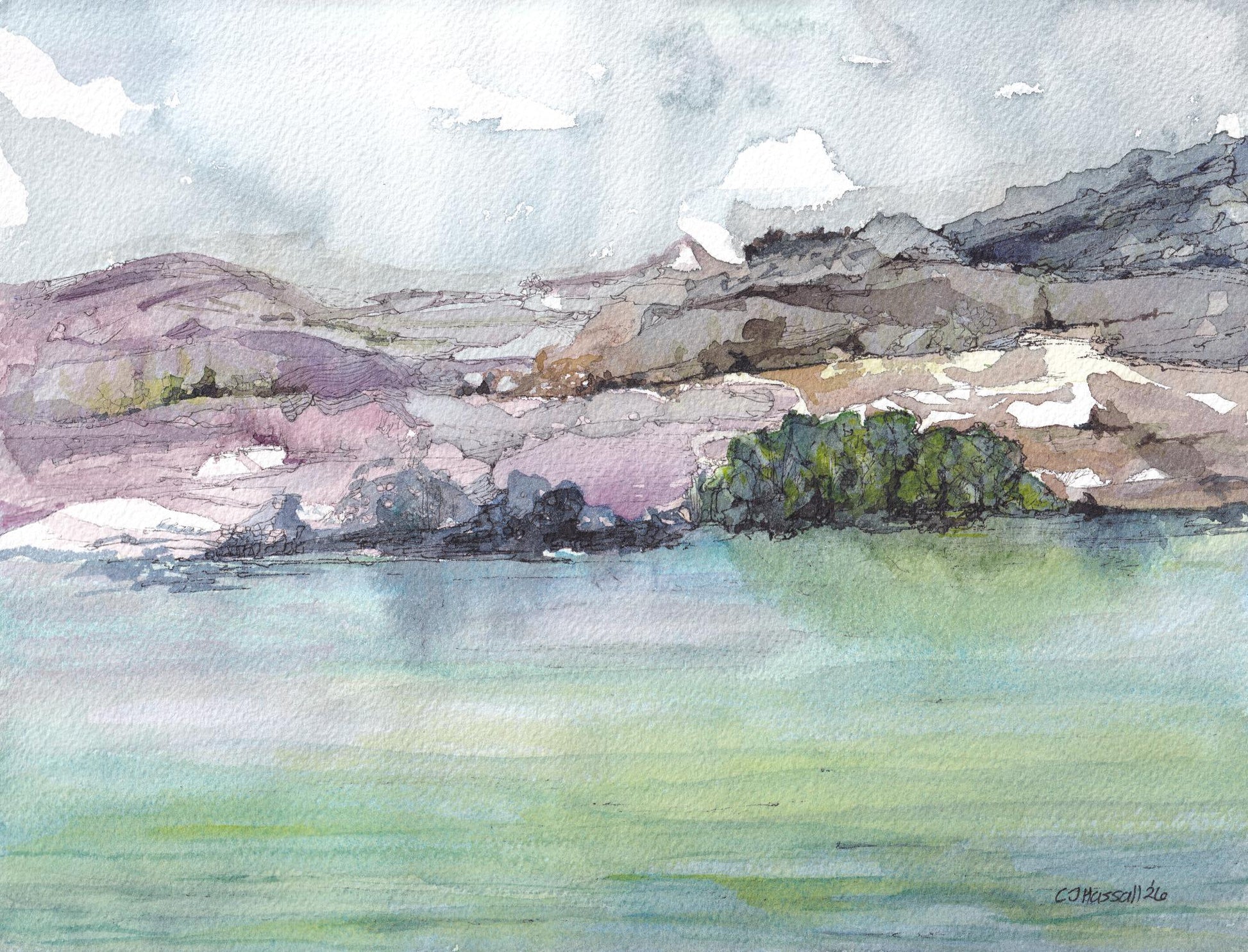 Original watercolor and ink painting of a coastal hillside in cool Nordic colors by CJ Hassall