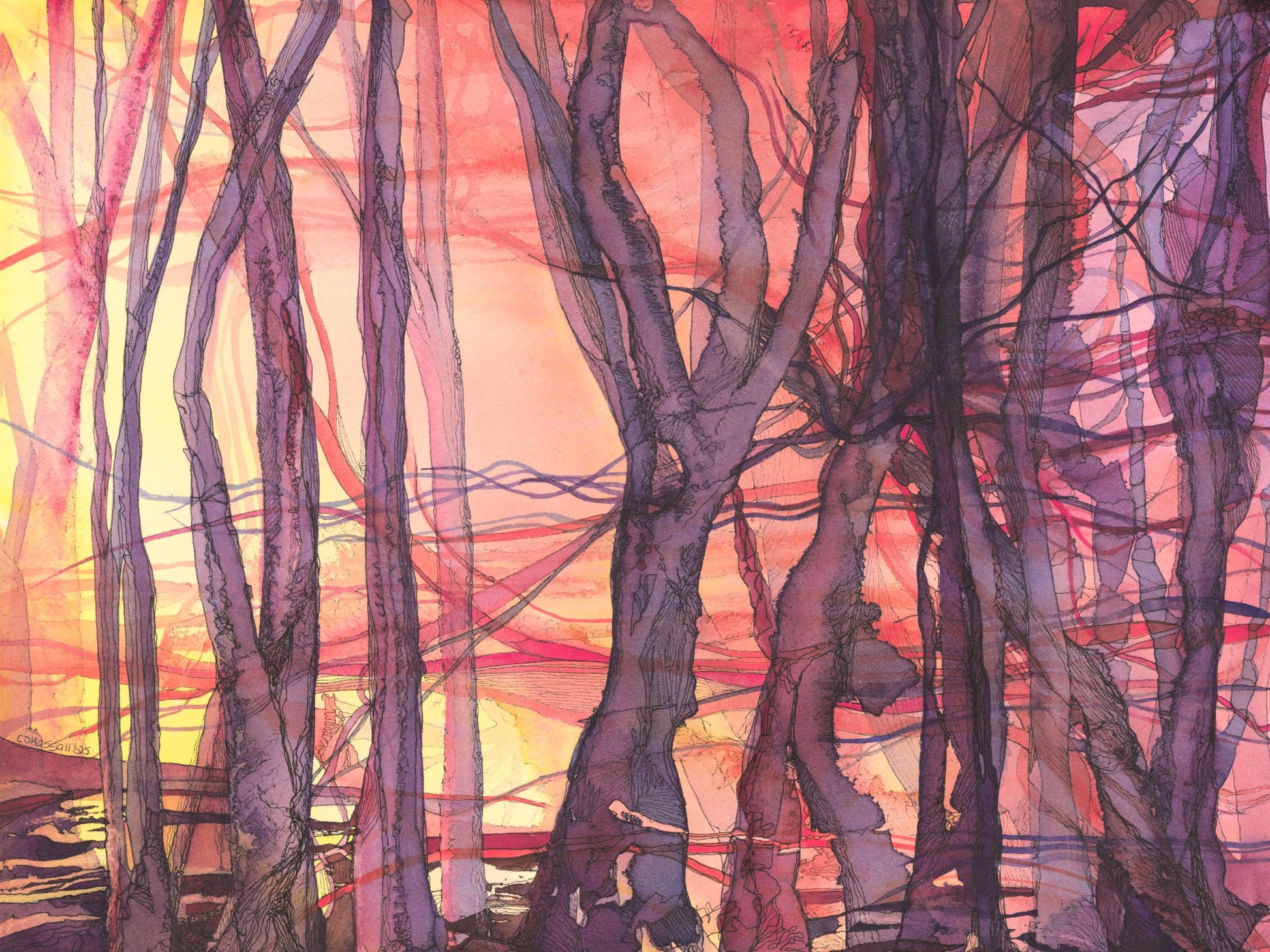 Not Contained — watercolor and ink painting inspired by the Bear Gulch wildfire aftermath on Washington's Olympic Peninsula by CJ Hassall