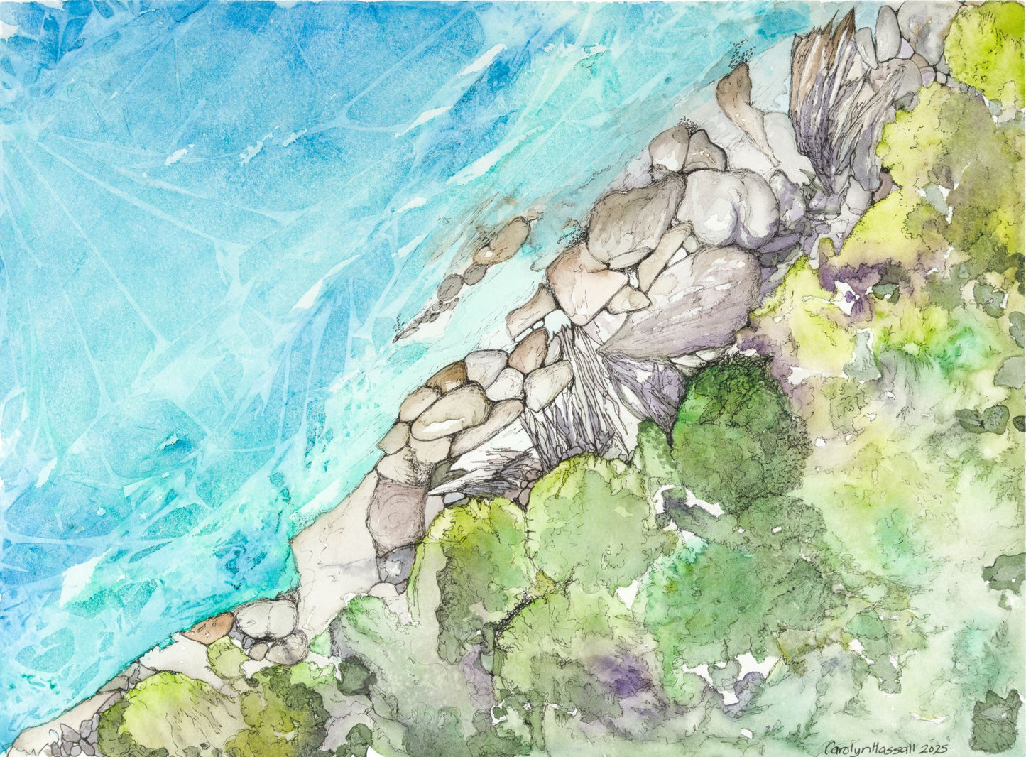 Over the Shore — watercolor and ink painting depicting a bird's eye view of a cool, crystal clear sea and shoreline by CJ Hassall