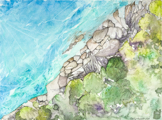 Over the Shore — watercolor and ink painting depicting a bird's eye view of a cool, crystal clear sea and shoreline by CJ Hassall