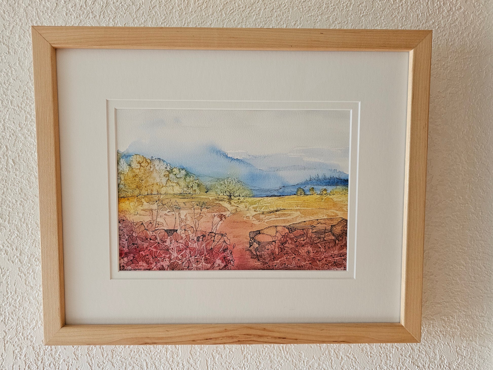 Raspberry Hills — watercolor and ink painting of cool rolling hills fading into a vast sky with a limited palette by CJ Hassall