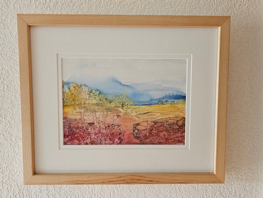 Raspberry Hills — watercolor and ink painting of cool rolling hills fading into a vast sky with a limited palette by CJ Hassall