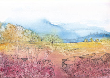 Raspberry Hills — watercolor and ink painting of cool rolling hills fading into a vast sky with a limited palette by CJ Hassall