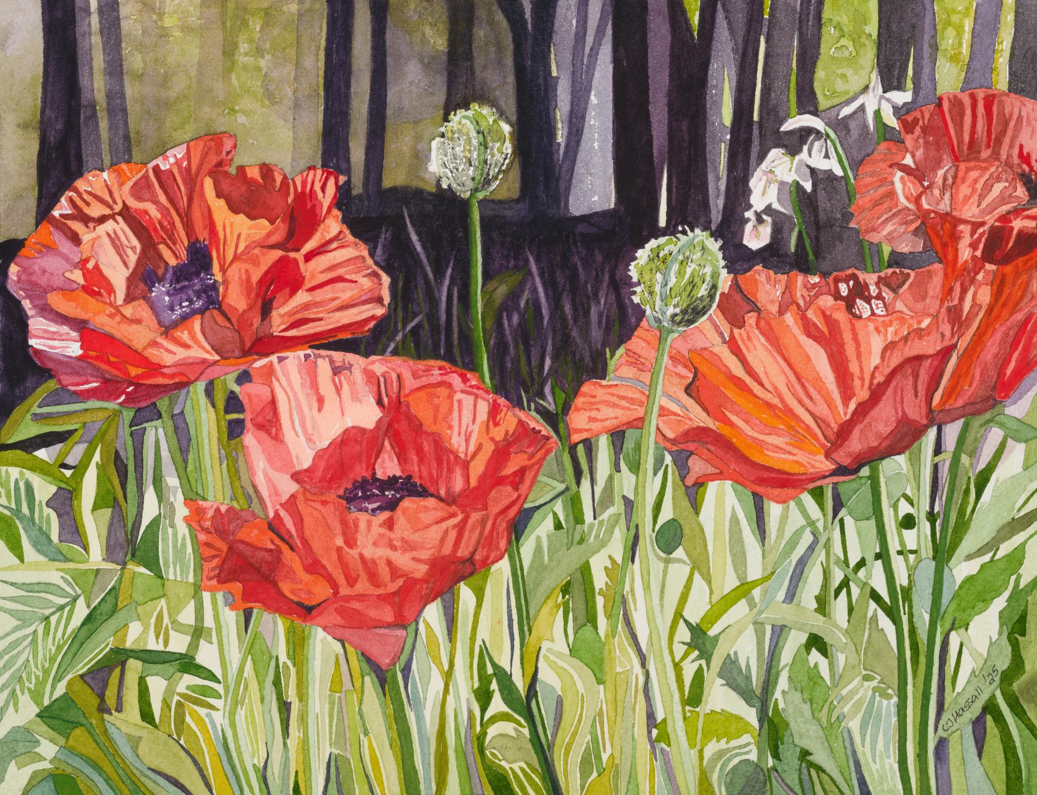 Red Poppies — watercolor painting of sunny poppies in a mosaic stained glass style by CJ Hassall
