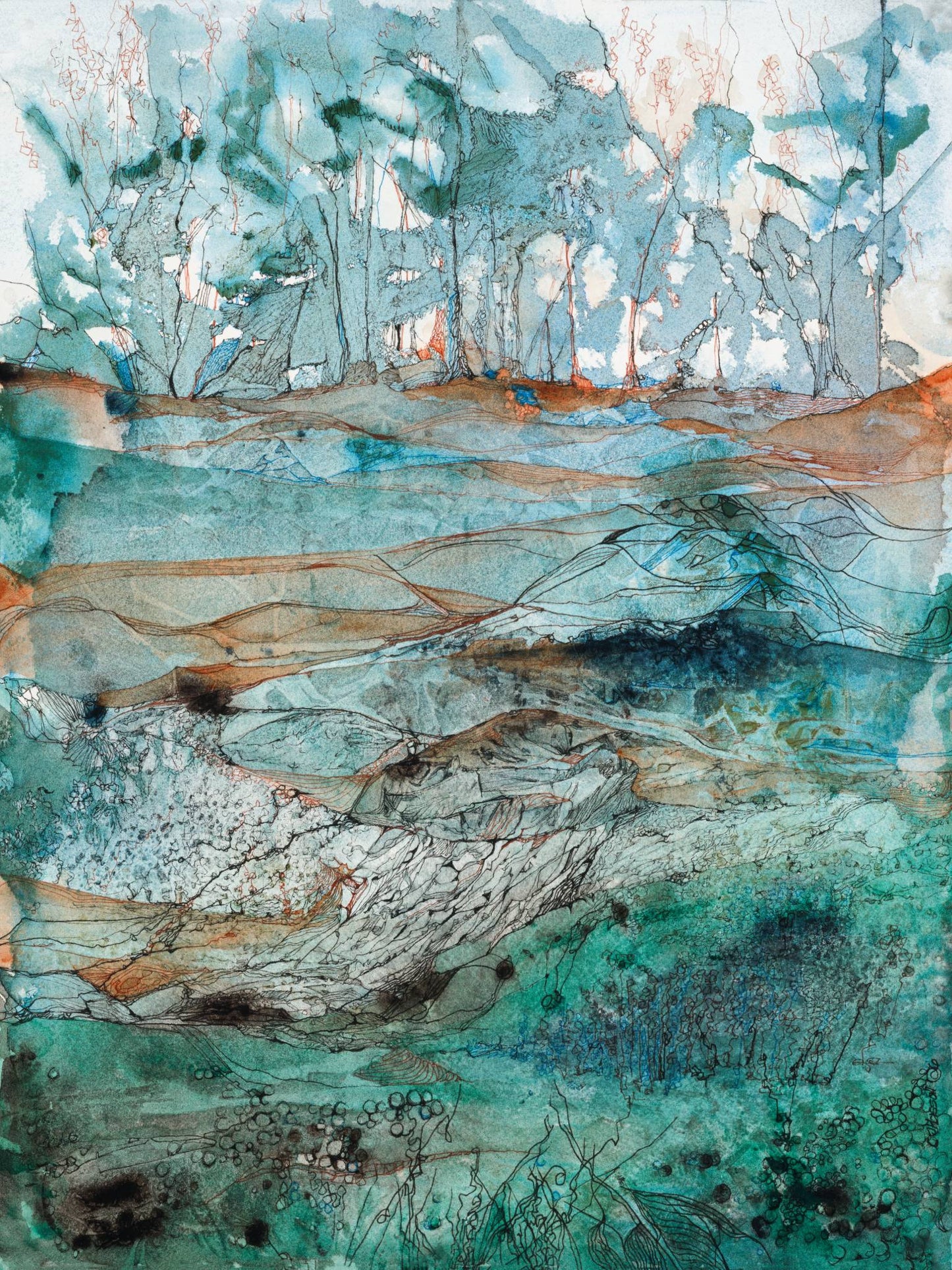Ribbon Flow — original watercolor and ink painting by CJ Hassall, 12x16 inches, 2026