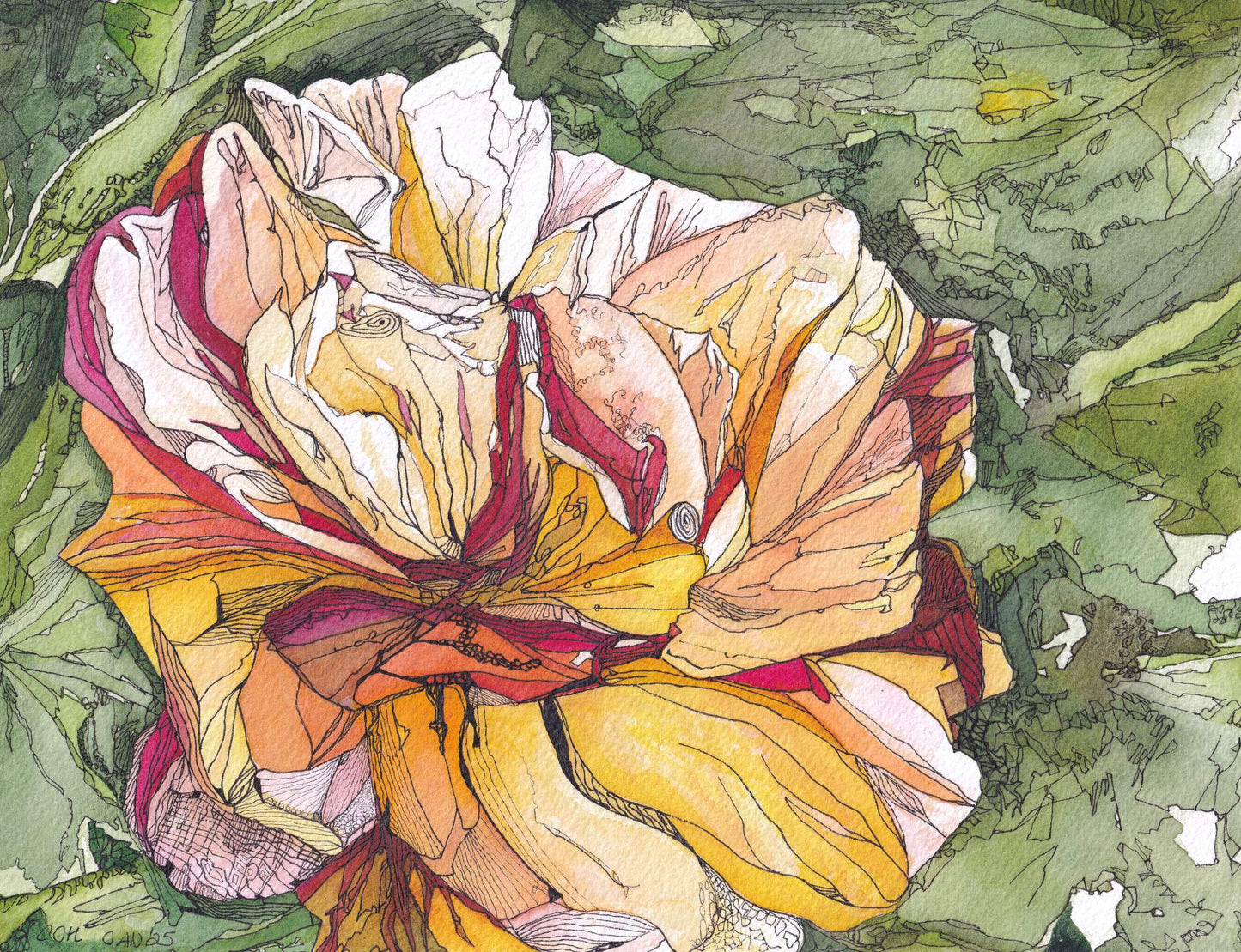 A Rose for Joan - an original watercolor and ink painting of a yellow and red rose by CJ Hassall