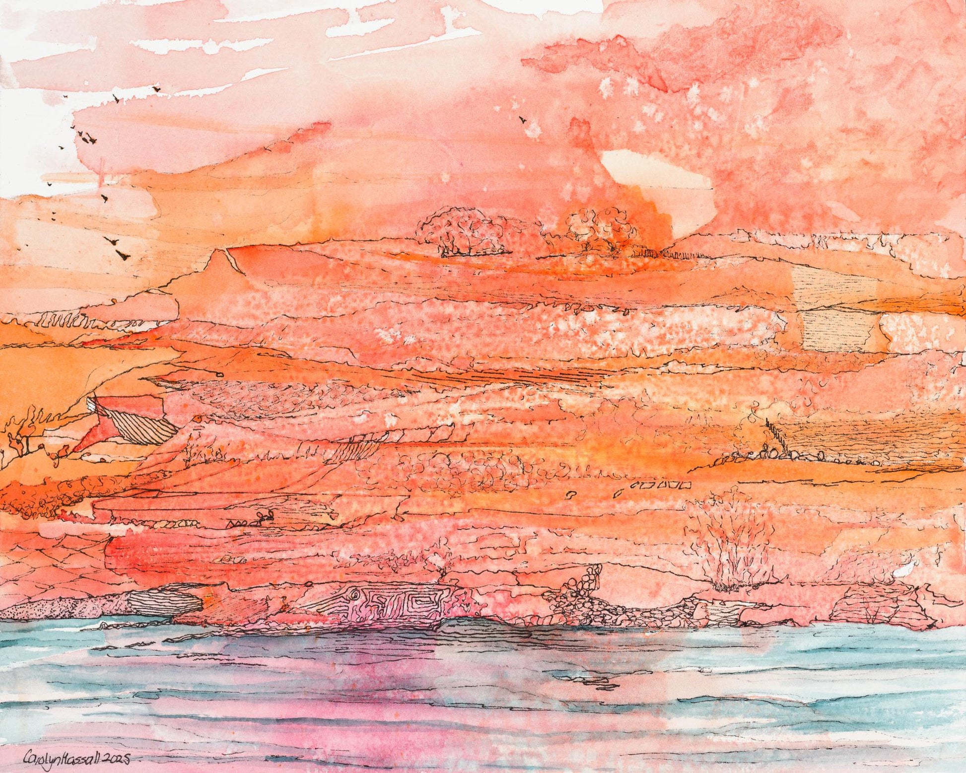 Original watercolor and ink interpretation of a satsuma hillside and sunset by CJ Hassall